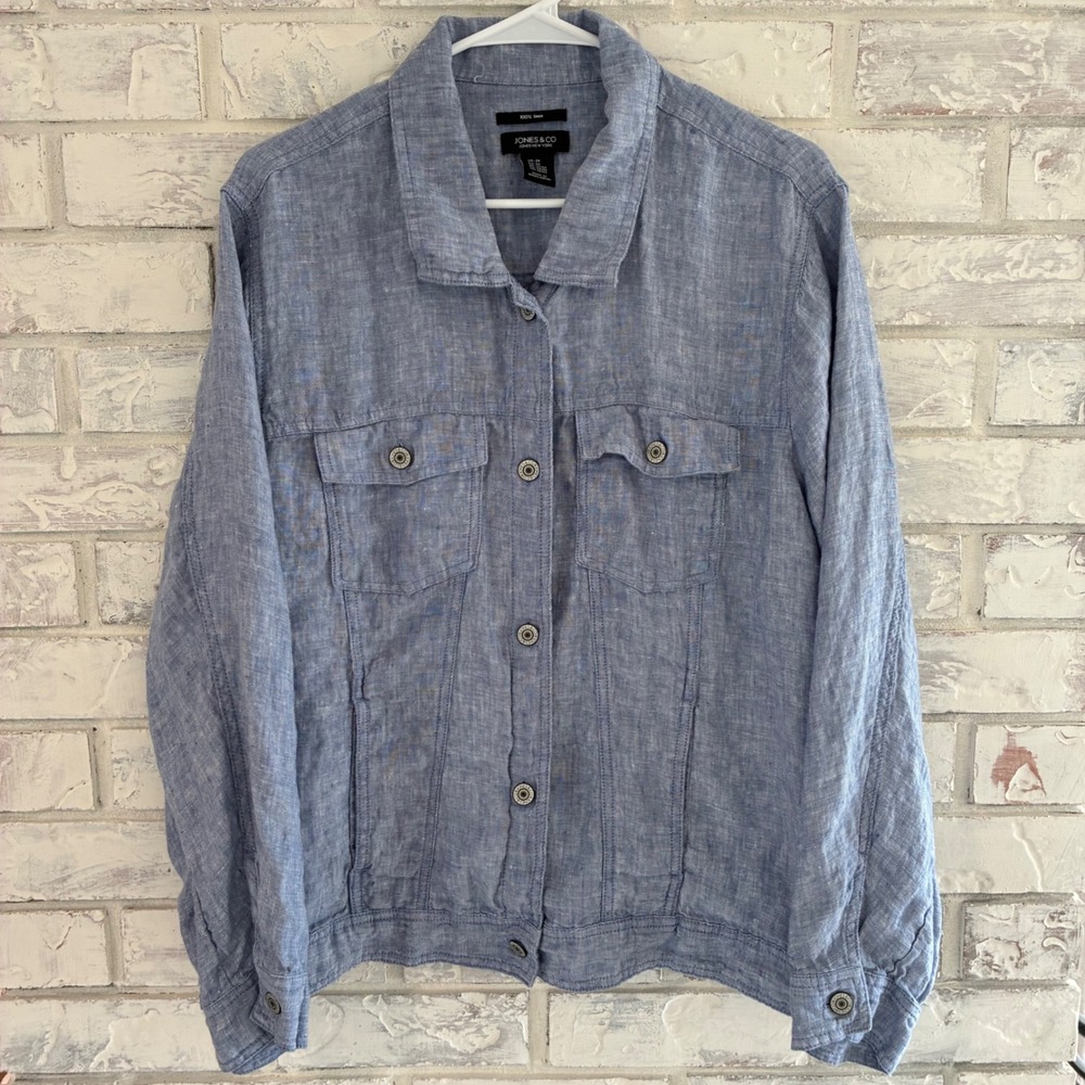 Jones & Co Jones New York 100% Linen Blue Button Up Jacket Plus Size 2X